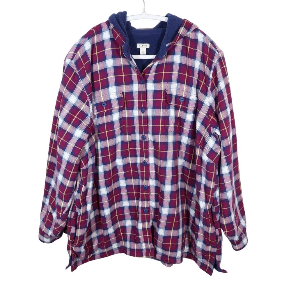 LL BEAN Hooded Burgundy Plaid Fleece Lined Flannel Shirt Shacket w/ Pockets 1X